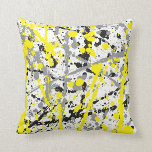 Black Grey and Yellow Ink Splatter Throw Pillow