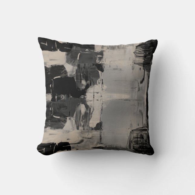 Black Grey & Beige Artistic Abstract Colorblock Throw Pillow (Front)