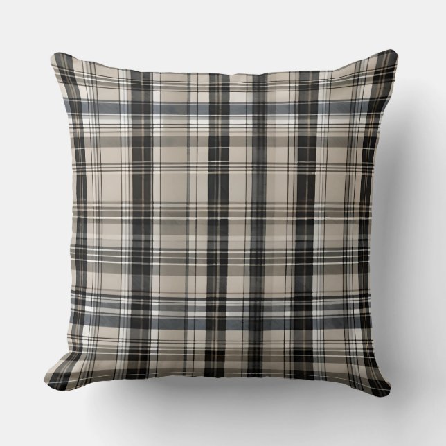 Black Grey Beige Chequered Plaid Throw Pillow (Front)