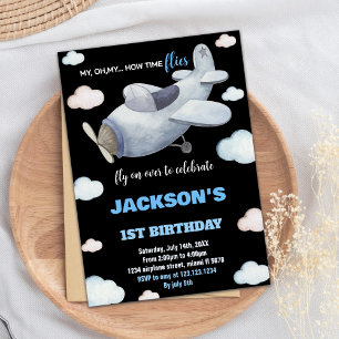 Black Grey Blue Airplane Birthday Invitations
