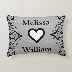 Black Grey Bride Groom Names Floral Wedding Decorative Pillow