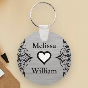 Black Grey Bride Groom Names Floral Wedding Keychain