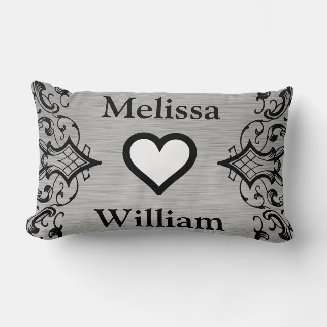 Black Grey Bride Groom Names Floral Wedding Lumbar Pillow (Front)