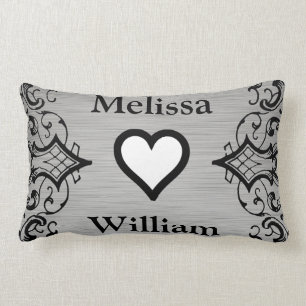 Black Grey Bride Groom Names Floral Wedding Lumbar Pillow