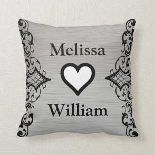 Black Grey Bride Groom Names Floral Wedding Throw Pillow