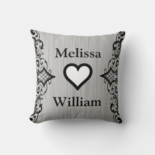 Black Grey Bride Groom Names Floral Wedding Throw Pillow (Front)