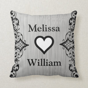 Black Grey Bride Groom Names Floral Wedding Throw Pillow