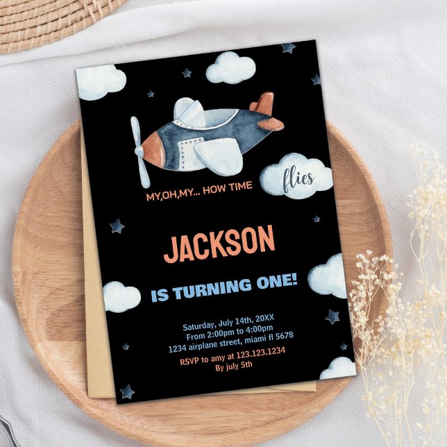 Black Grey Brown Airplane Birthday Invitations (Black Gray Brown Airplane Birthday Invitations)