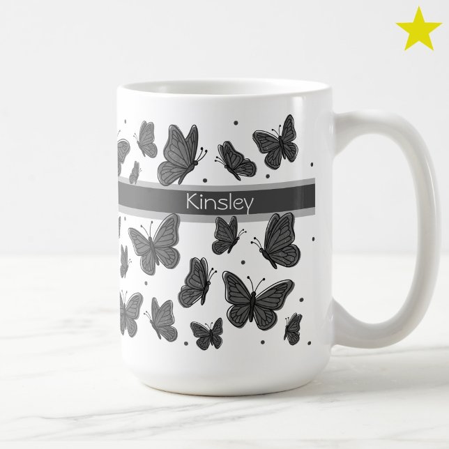 Black Grey Butterflies & Dots Custom Name Monogram Coffee Mug (Creator Uploaded)