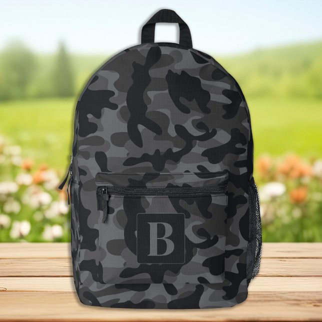 Black Grey Camo Personalized Monogram Camouflage Printed Backpack (Creator Uploaded)