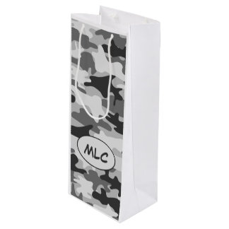 Black Grey Camouflage Monogram Personalized Wine Gift Bag