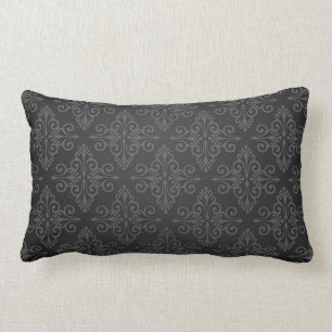Black Grey Charcoal Damask Pattern Lumbar Pillow