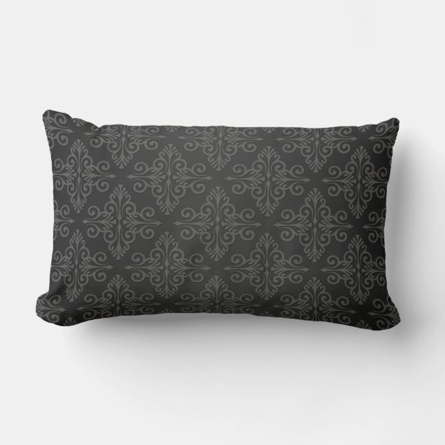 Black Grey Charcoal Damask Pattern Lumbar Pillow (Front)