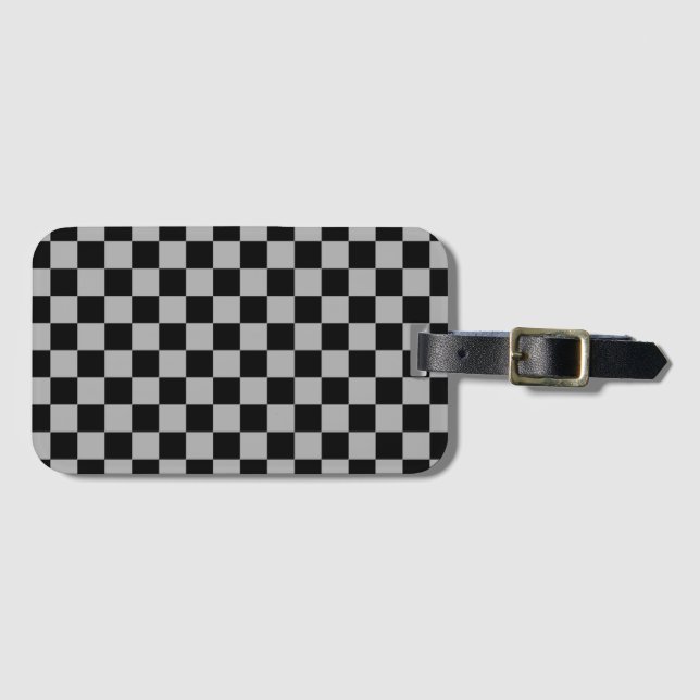 Black + Grey Check Chequered Chequerboard Pattern Luggage Tag (Front Horizontal)