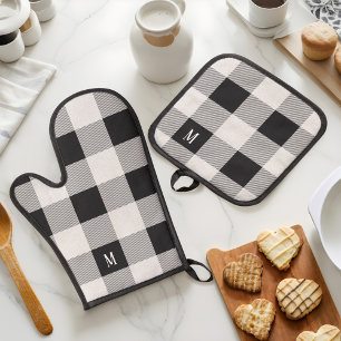 Black & Grey Checkerboard Buffalo Plaid Monogram Oven Mitt & Pot Holder Set