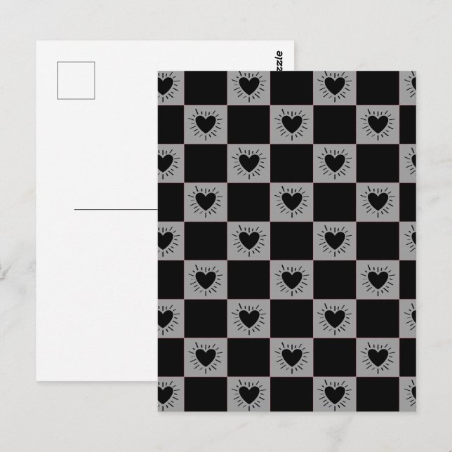 Black&Grey Chequered Tile With Hearts Pattern Postcard (Front/Back)