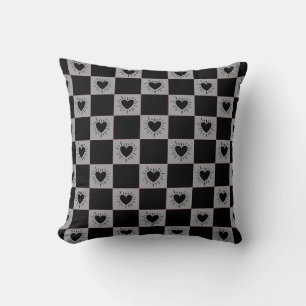 Black&Grey Chequered Tile With Hearts Pattern Throw Pillow