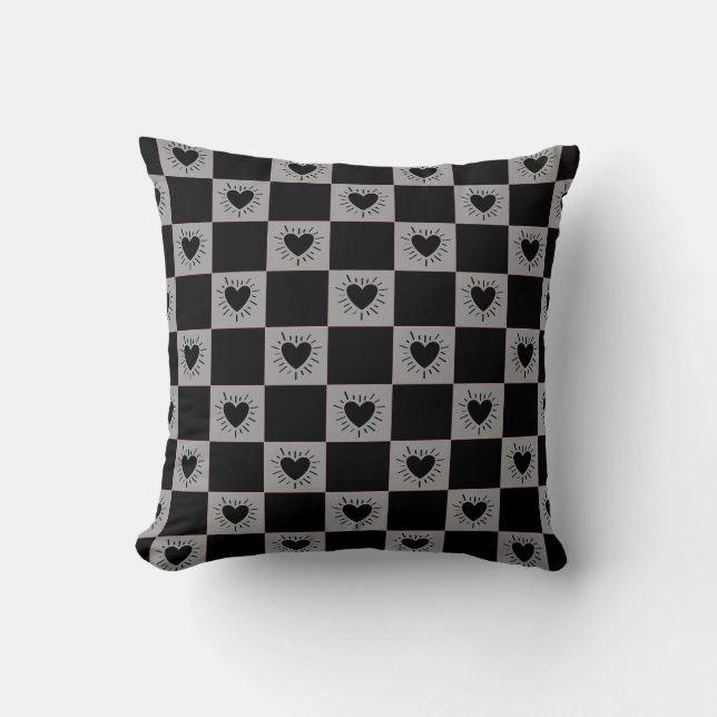 Black&Grey Chequered Tile With Hearts Pattern Throw Pillow (Front)