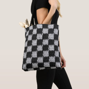 Black Grey Chessboard Square Artisan Crochet Print Tote Bag