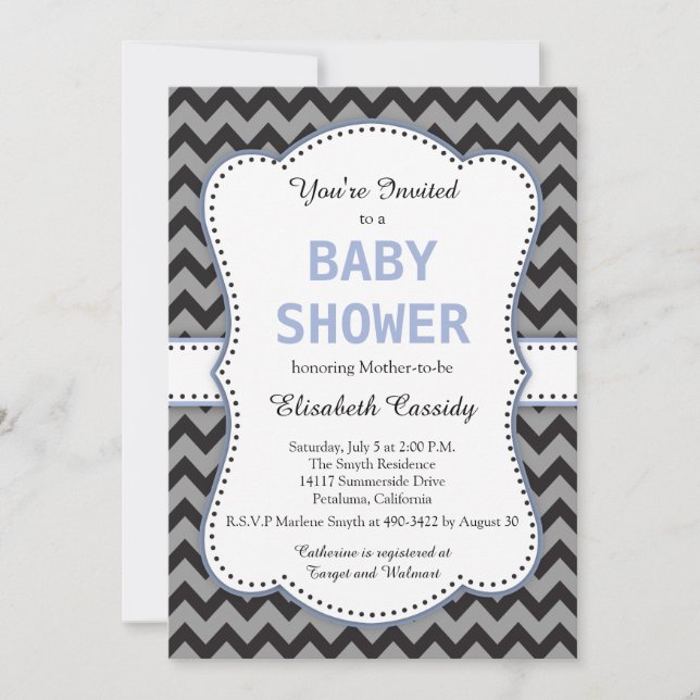 Black & Grey Chevron, Blue Baby Shower Invitation (Front)