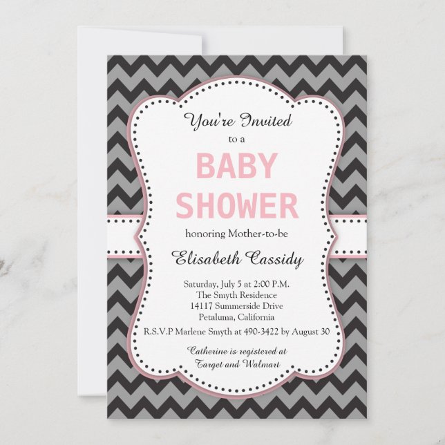 Black & Grey Chevron, Pink Baby Shower Invitation (Front)