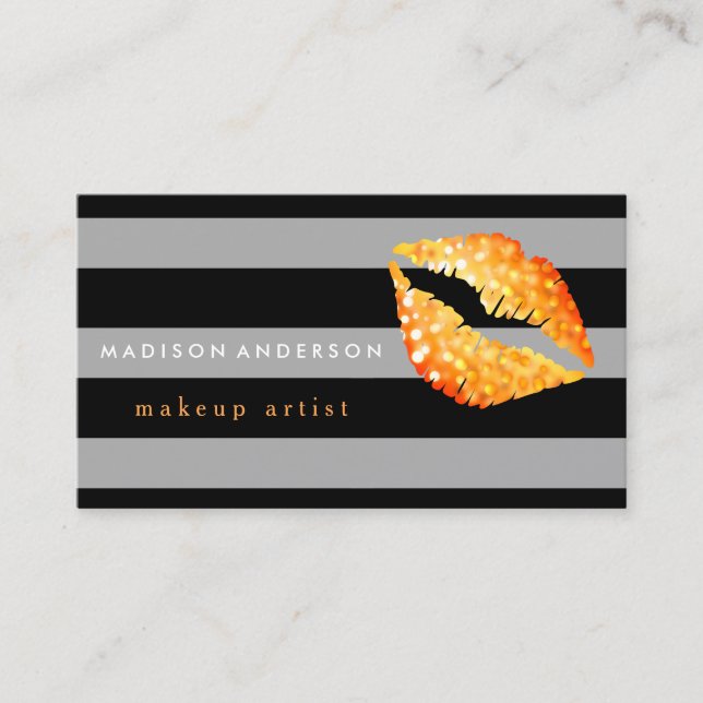 Black & Grey Chic Gold Lips - Makeup Artist Business Card (Front)