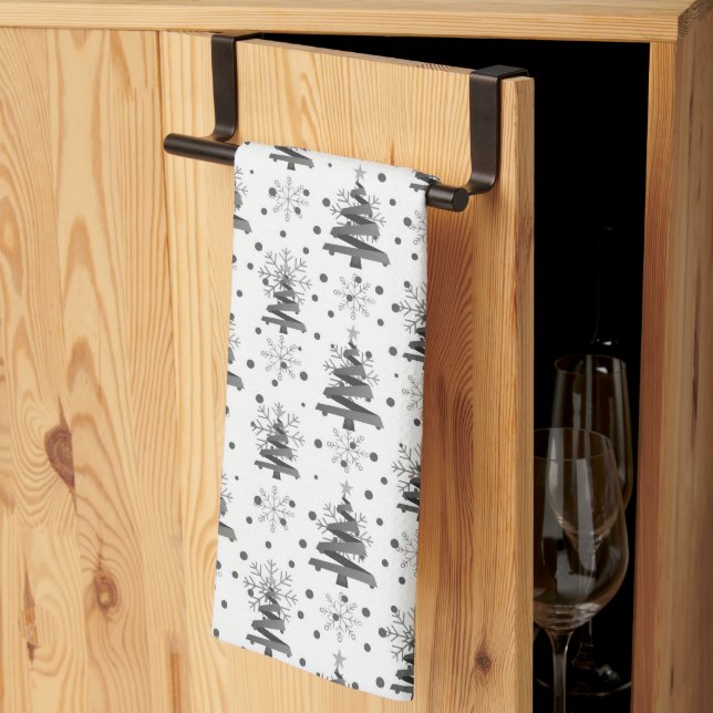 Black & Grey Christmas Trees & Snowflakes Kitchen Towel (Thirds Fold)