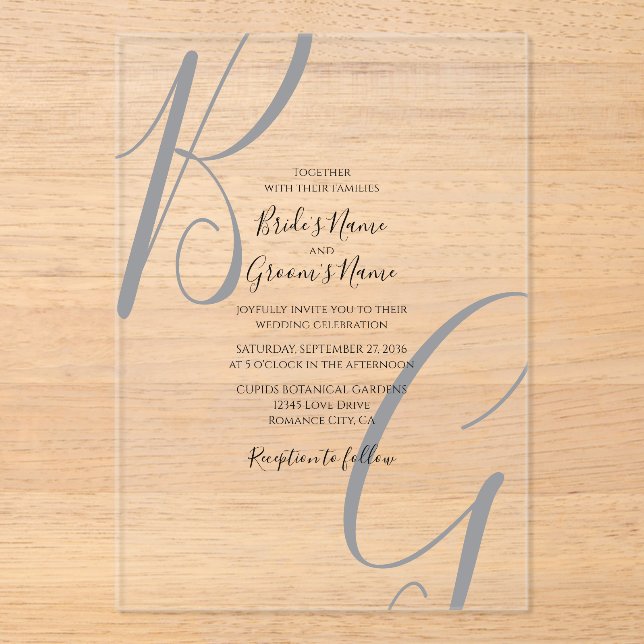 Black Grey Clear Monogram Initials Wedding Acrylic Invitations (Front)
