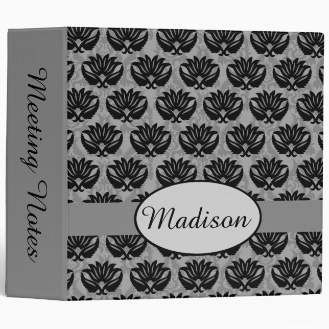 Black Grey Damask Art Name Personalized Album Binder (Front/Spine)