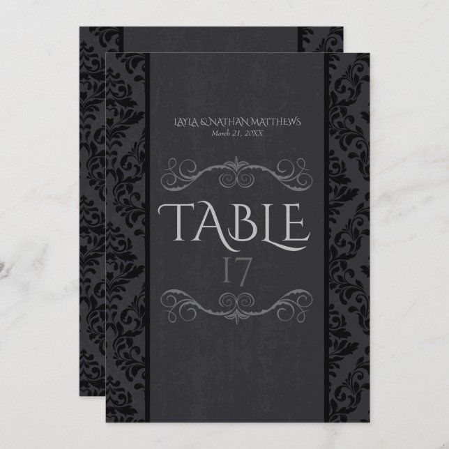 Black & Grey Damask Table Number Cards (Front/Back)