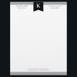 Black Grey Elegant Bold Monogram Contact Info Letterhead<br><div class="desc">Professional letterhead with your initial in white against black and with grey borders at the top and bottom. Add contact info,  like phone number,  email address,  and address. Manly and elegant monochrome letterhead for him personalized with name,  title,  and contact info.</div>
