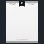 Black Grey Elegant Bold Monogram Contact Info Letterhead<br><div class="desc">Professional letterhead with your initial in white against black and with grey borders at the top and bottom. Add contact info,  like phone number,  email address,  and address. Manly and elegant monochrome letterhead for him personalized with name,  title,  and contact info.</div>