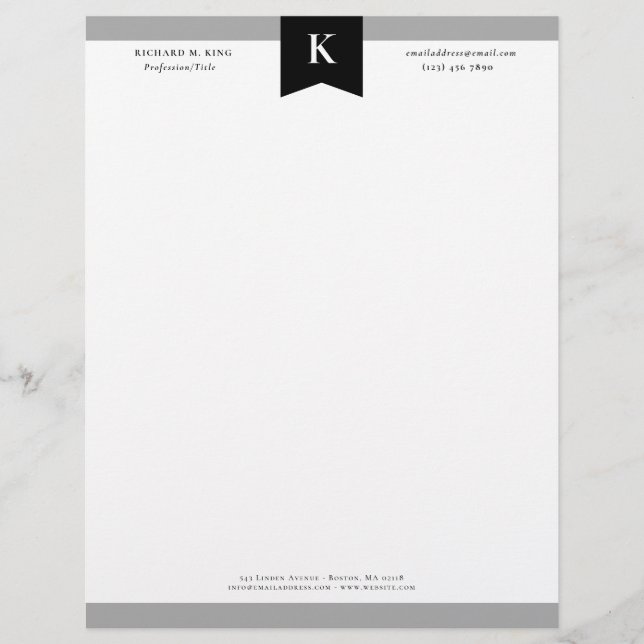 Black Grey Elegant Bold Monogram Contact Info Letterhead (Front)