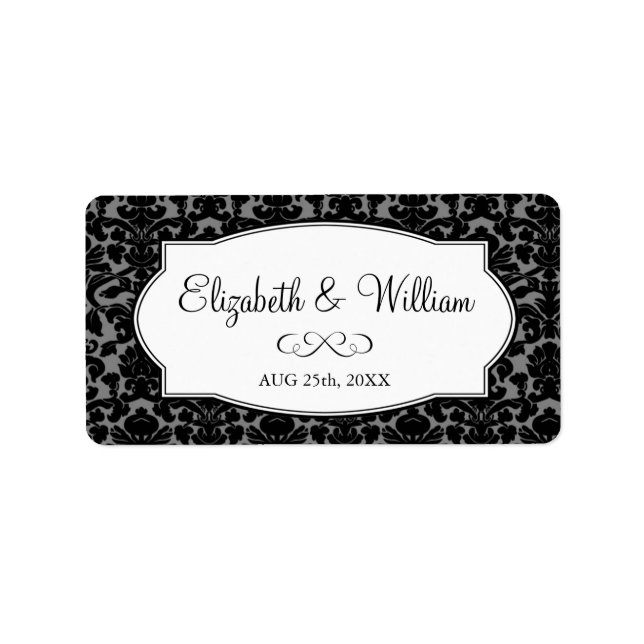 Black grey elegant damask border wedding favour ta label (Front)