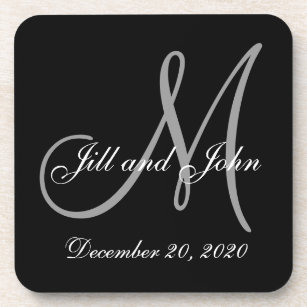 Black Grey Elegant Monogram Wedding Coaster