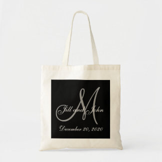 Black Grey Elegant Monogram Wedding Tote Bag