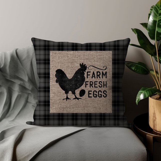Black Grey Farm Fresh Eggs Chicken Burlap Throw Pillow (Black checkered, burlap, and chicken, "Farm fresh eggs" decorator pillow.)