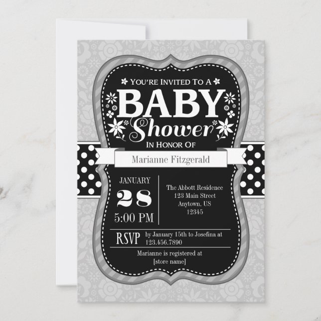 Black Grey Floral Flower Baby Shower Invitation (Front)