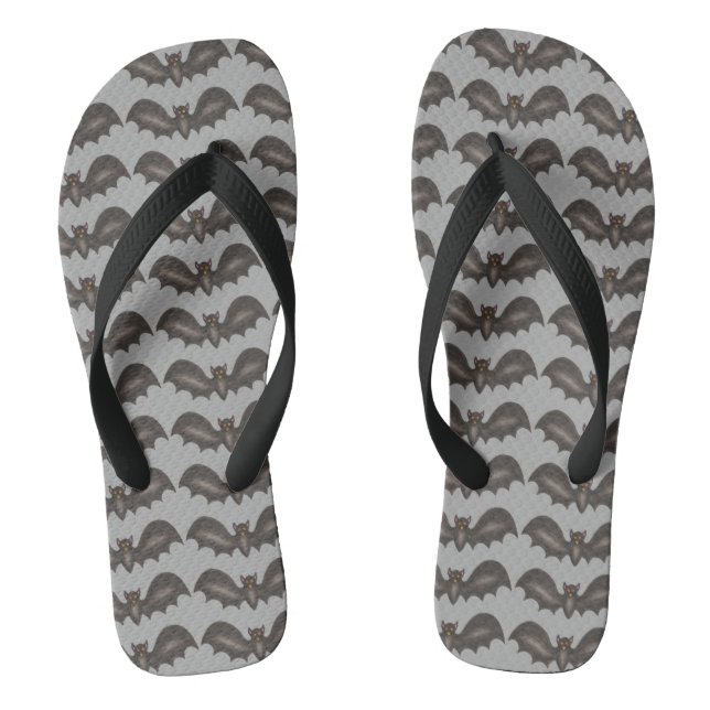 Black Grey Flying Bat Bats Halloween Animal Print Flip Flops (Footbed)