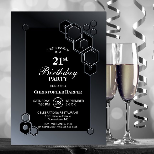 Black Grey Geometric 21st Birthday Party Invitation (Creator Uploaded)