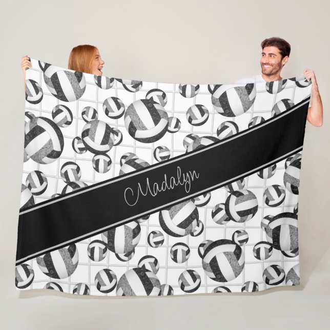 black grey girly volleyballs pattern w net accent fleece blanket (In Situ)