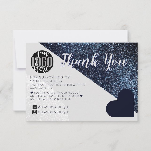 Black Grey Glitter Geo Logo Customer Thank You Card (Front)