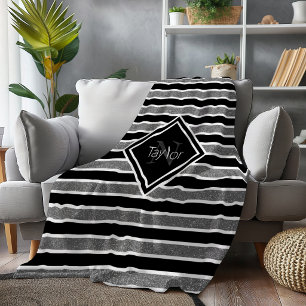 Black Grey Glitter Stripes Monogram Name Fleece Blanket