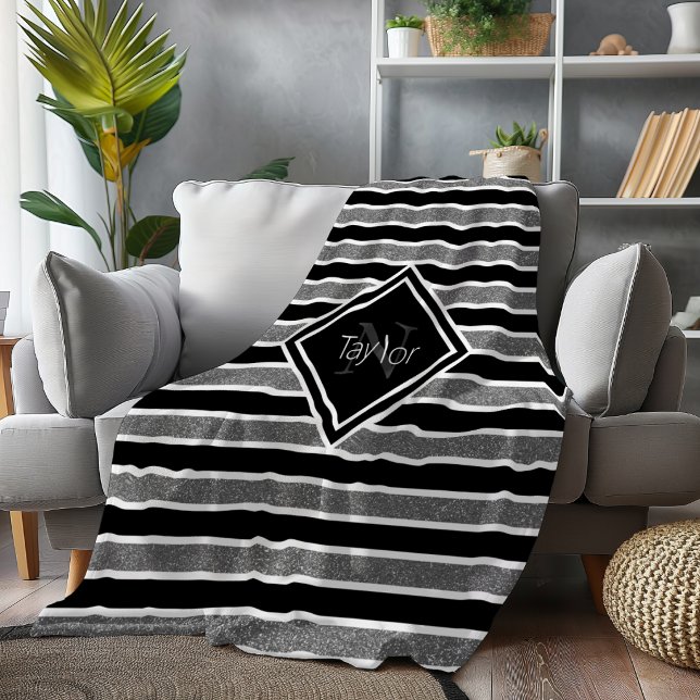 Black Grey Glitter Stripes Monogram Name Fleece Blanket (Creator Uploaded)