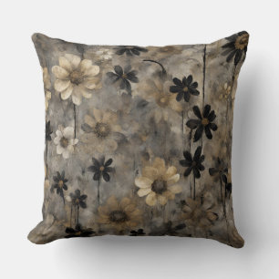 Black Grey Gold Floral Print Throw Pillow