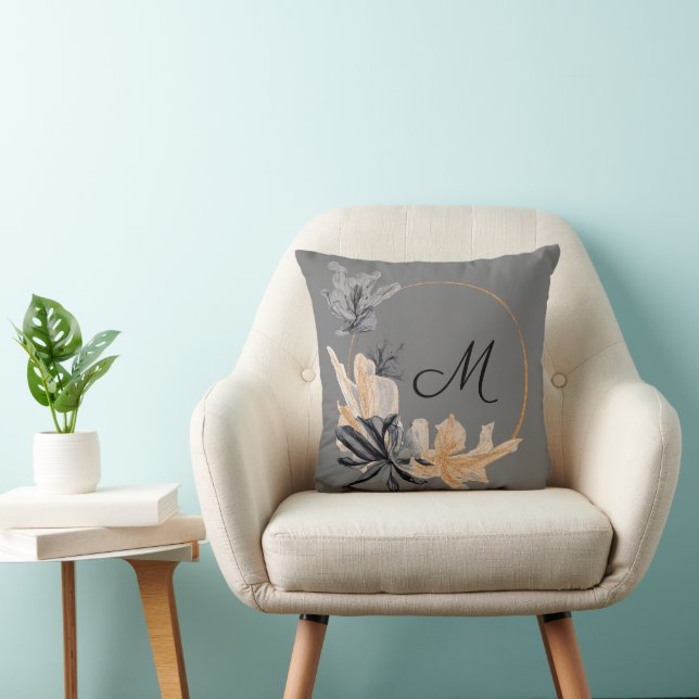 Black Grey Gold Flower Monogram Pillow (Chair)