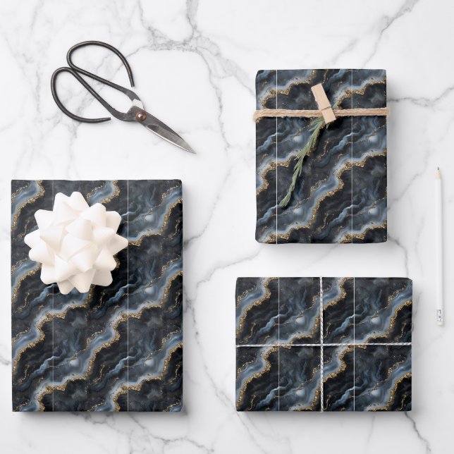 Black, Grey & Gold Marble Wrapping Paper Sheet (Front)