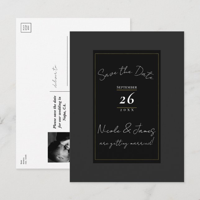 Black Grey Gold Modern Minimal Save the Date Announcement Postcard (Front/Back)