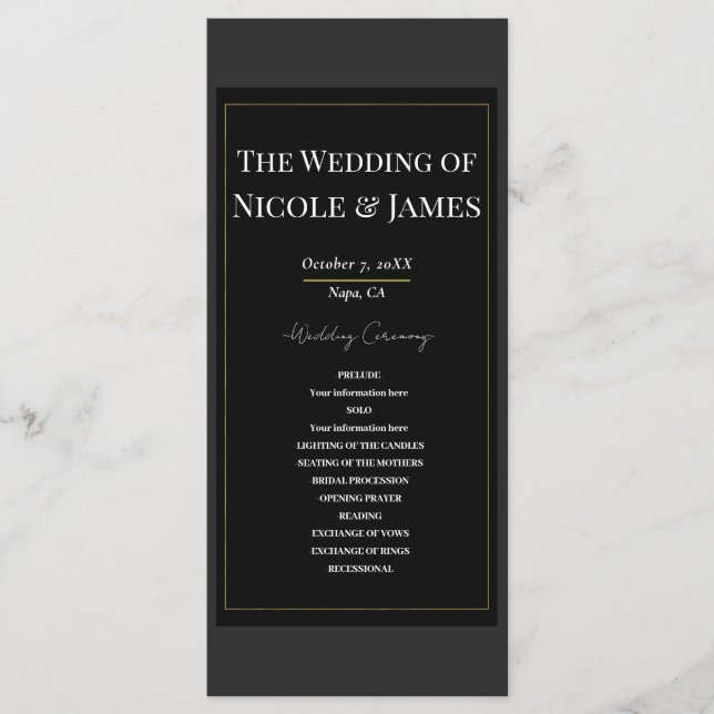 Black Grey Gold Modern Minimal Wedding Program (Front)
