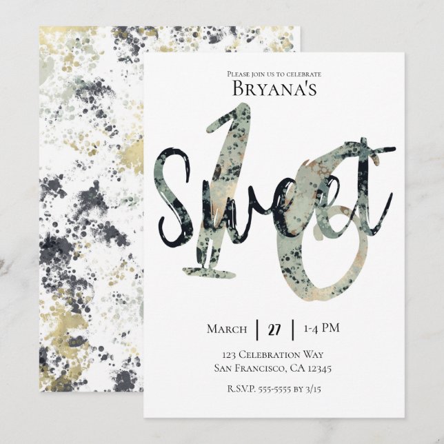Black Grey Gold Modern Sweet 16 Birthday Party Invitation (Front/Back)
